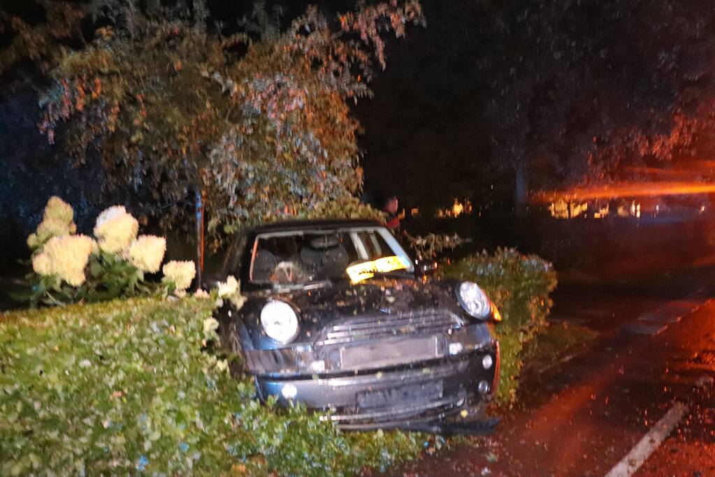 Auto rijdt heg in na botsing
