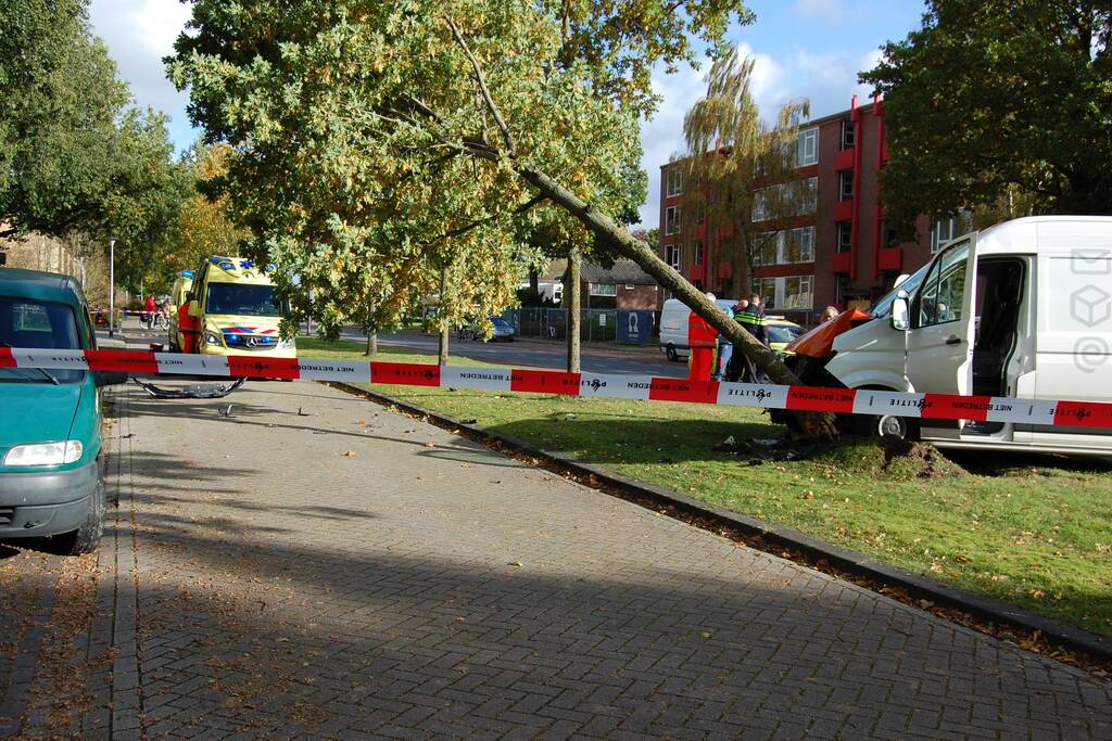 Bestelbus Postnl belandt met hoge snelheid tegen boom