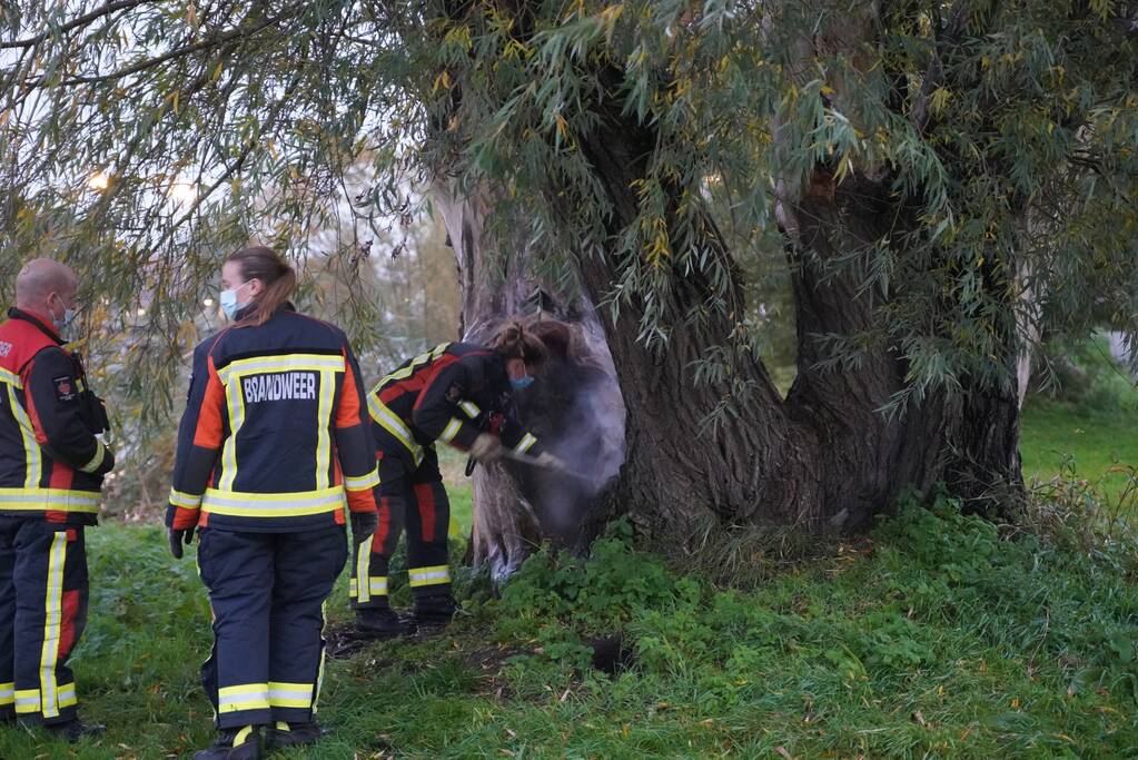 Brandweer blust brand in boom met emmer
