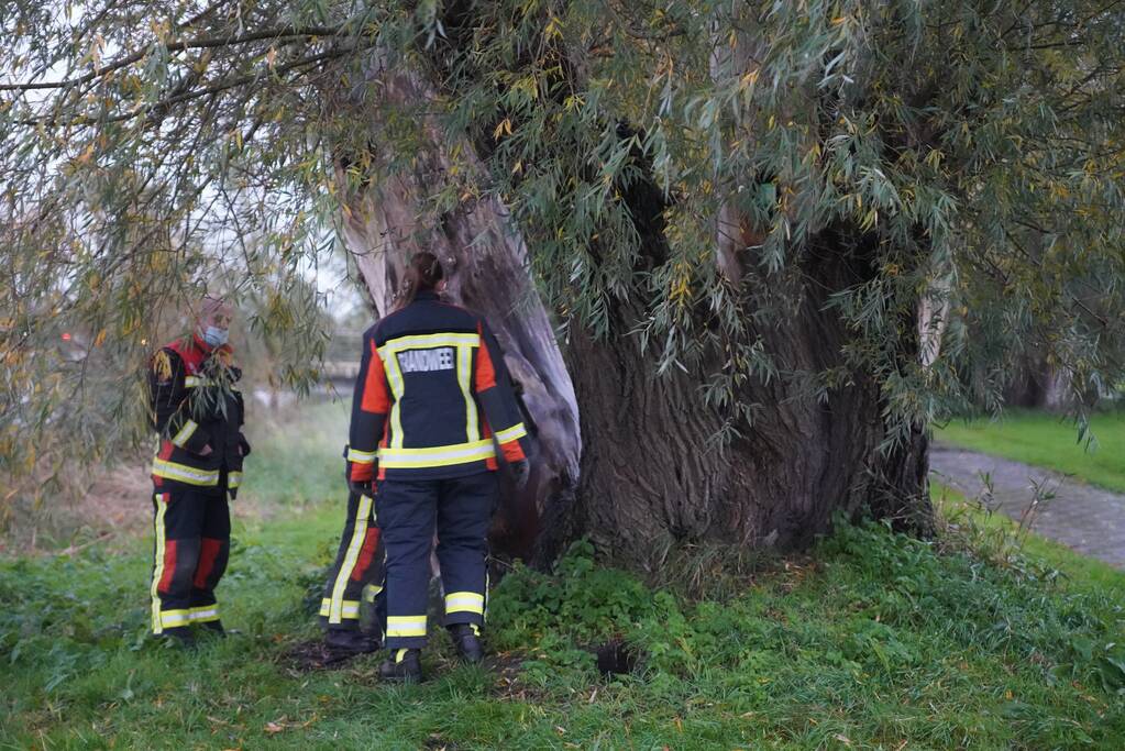 Brandweer blust brand in boom met emmer