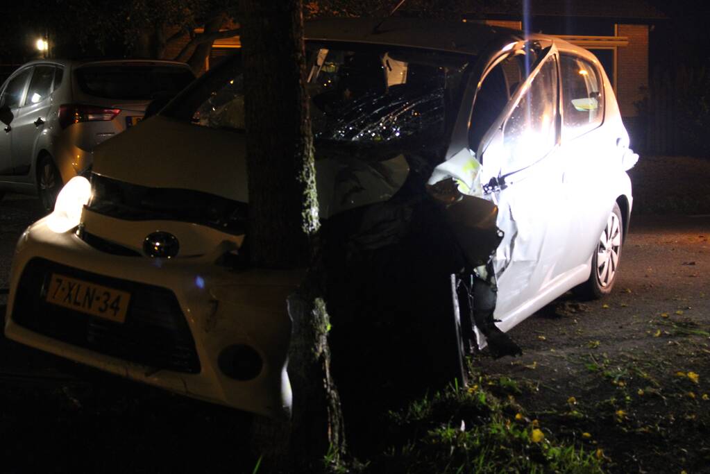 Auto rijdt tegen lantaarnpaal en komt tot stilstand tegen boom
