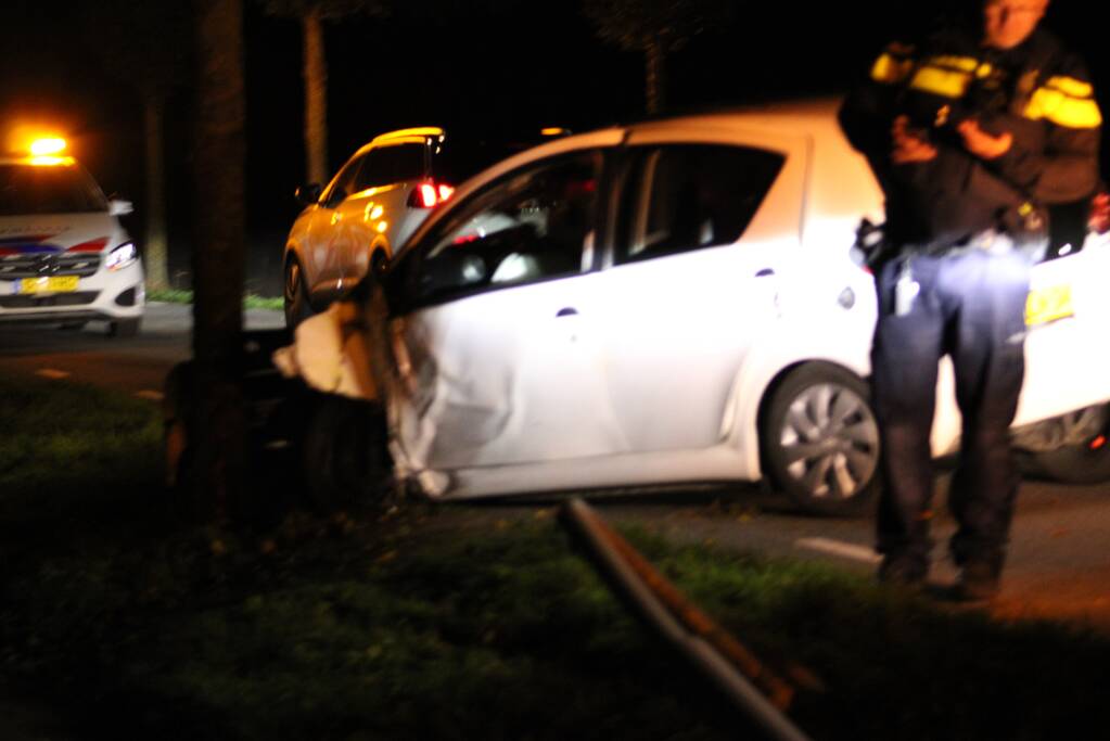 Auto rijdt tegen lantaarnpaal en komt tot stilstand tegen boom