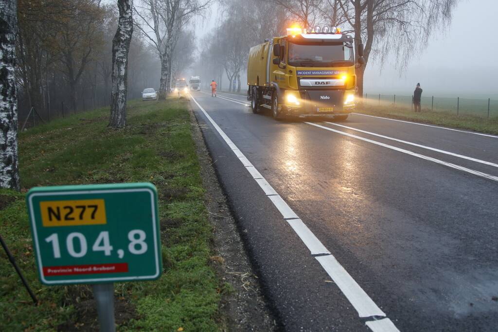 Vrachtwagen met aanhanger met hooi ramt boom
