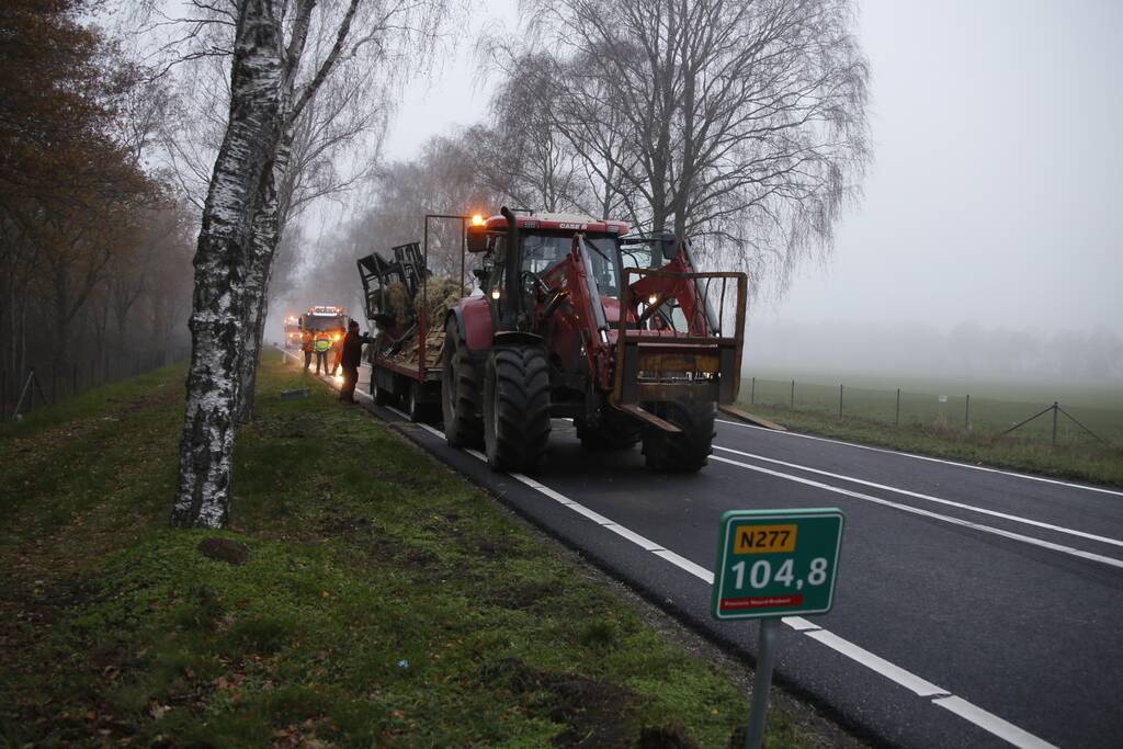 Vrachtwagen met aanhanger met hooi ramt boom