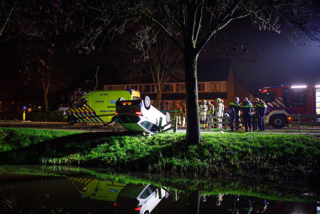 Auto belandt op zijn kop in berm