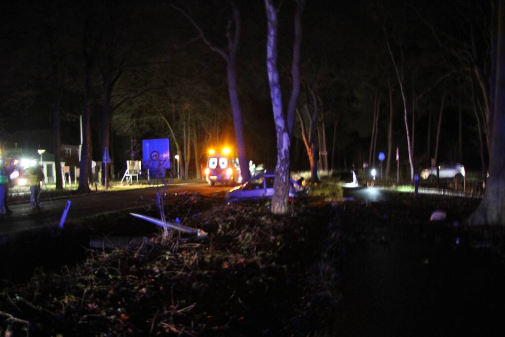 Auto knalt tegen lantaarnpaal en eindigt tegen een boom