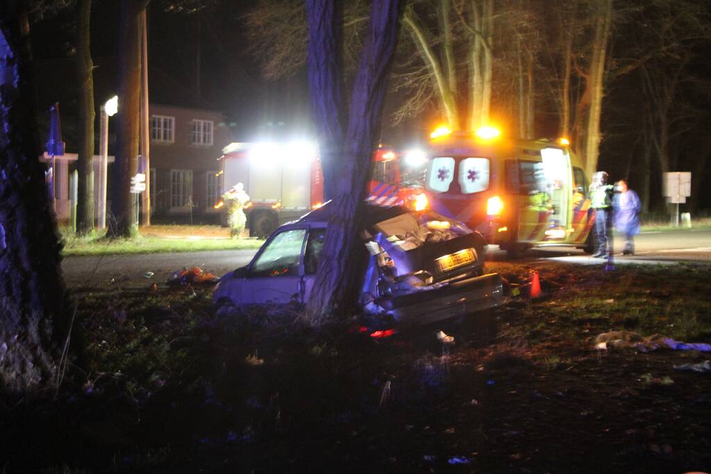 Auto knalt tegen lantaarnpaal en eindigt tegen een boom