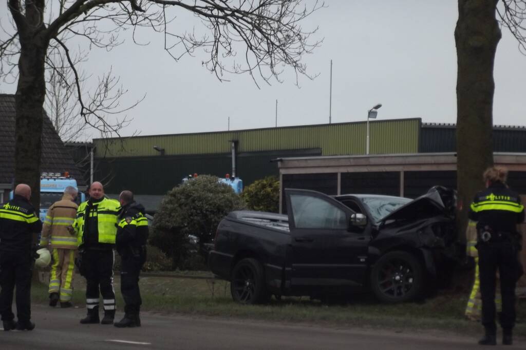 Pick-up truck eindigt tegen boom