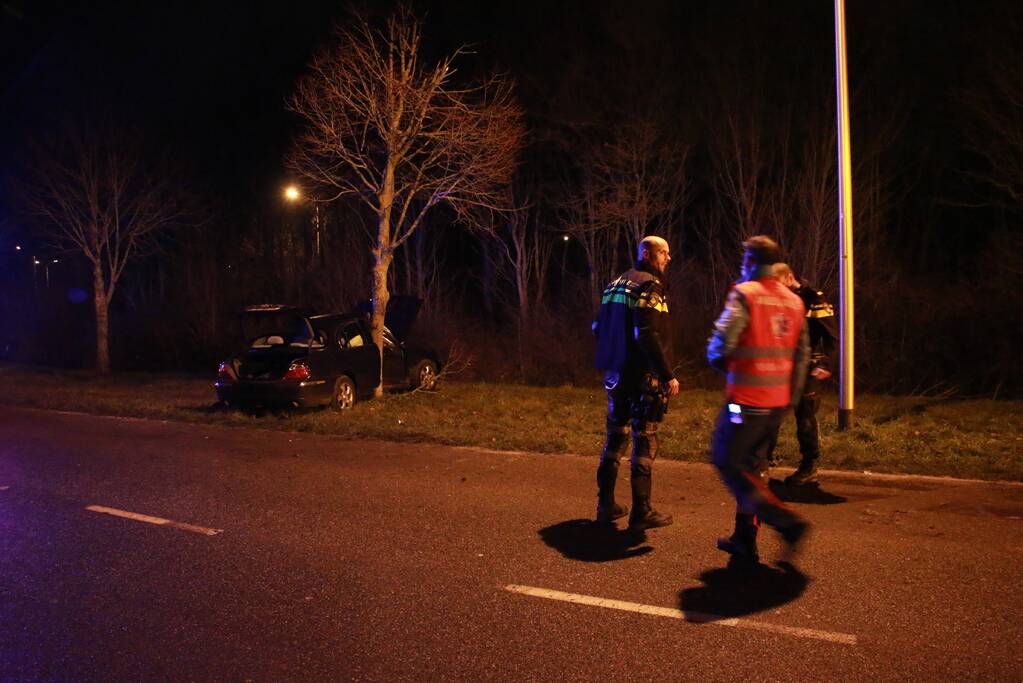 Auto flink beschadigd na aanrijding met boom