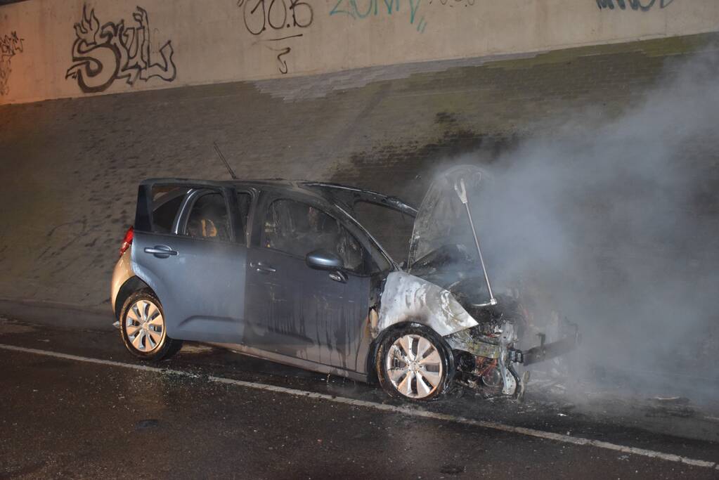 Auto vat vlam onder viaduct snelweg
