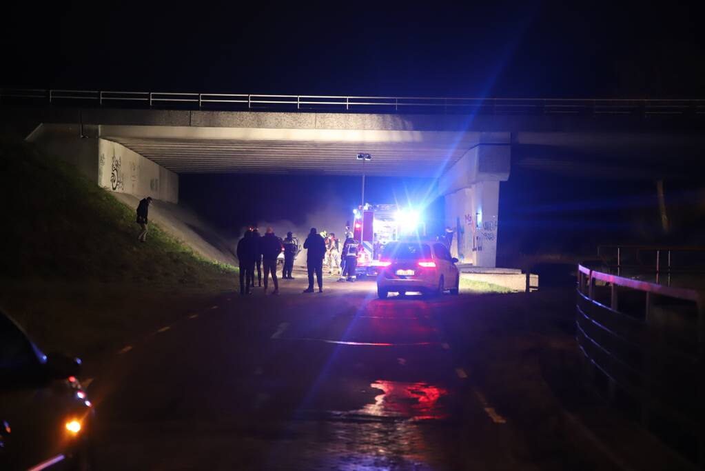 Auto vat vlam onder viaduct snelweg
