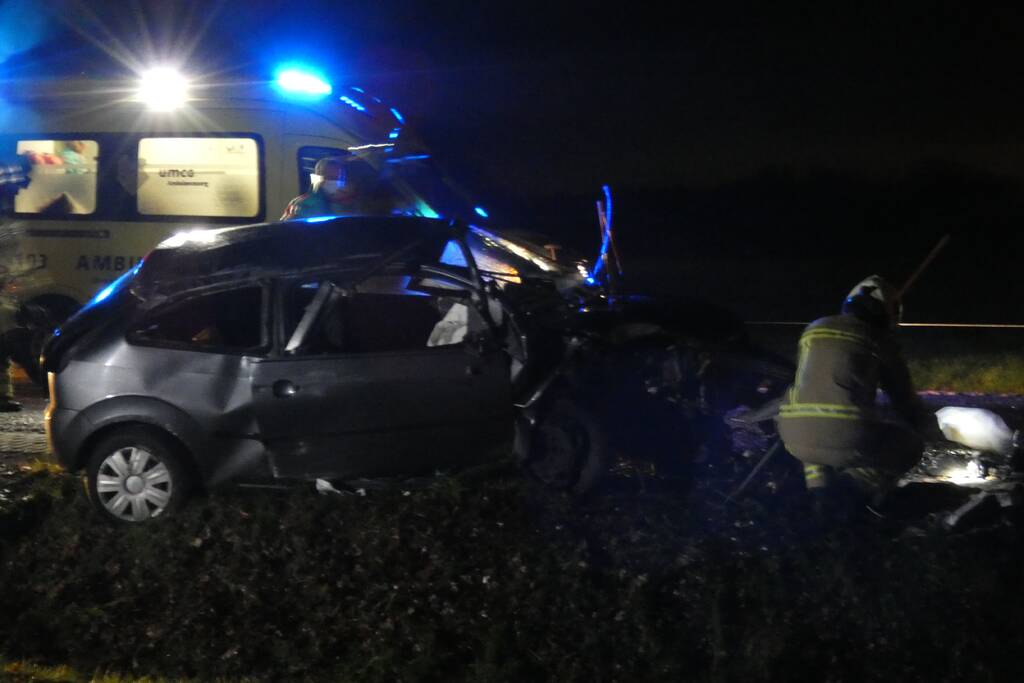 Auto klapt hard tegen boom