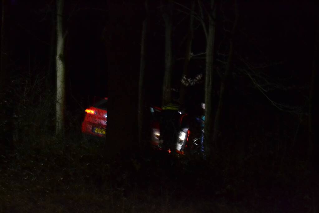 Auto vliegt uit de bocht en belandt tussen de bomen