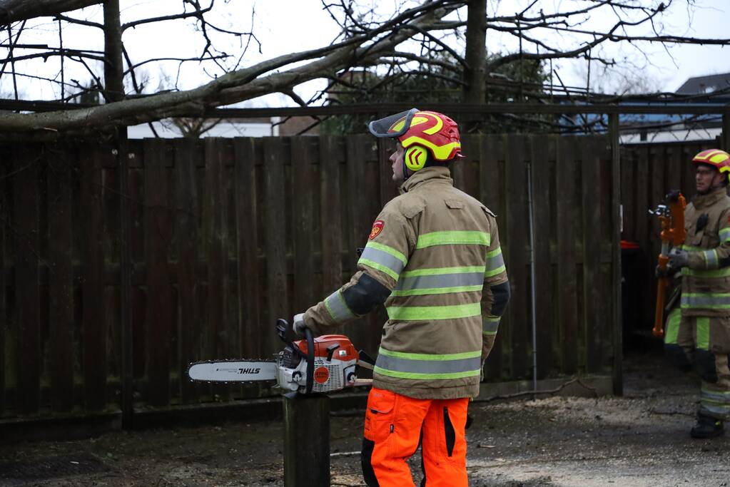 Brandweer zaagt omgevallen boom in stukken