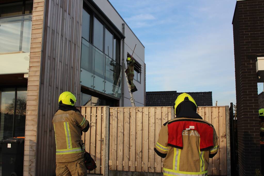 Brandweer bevrijdt duif tussen raam en glasplaat