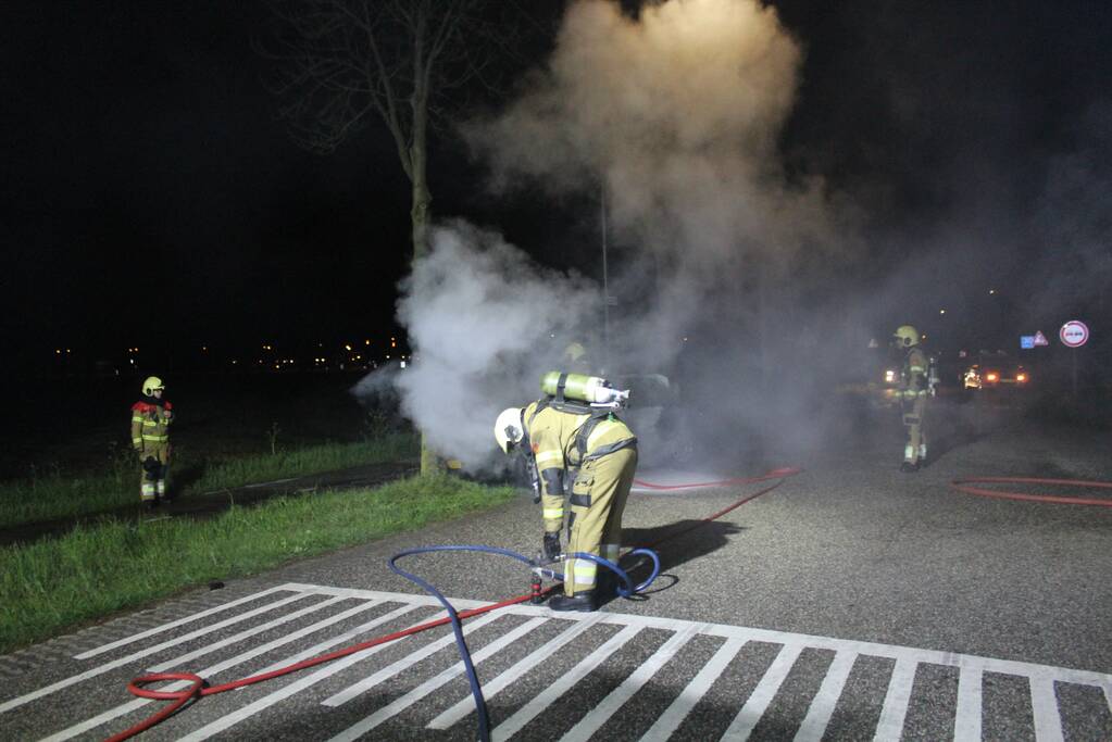 Auto verwoest door brand na botsing tegen boom