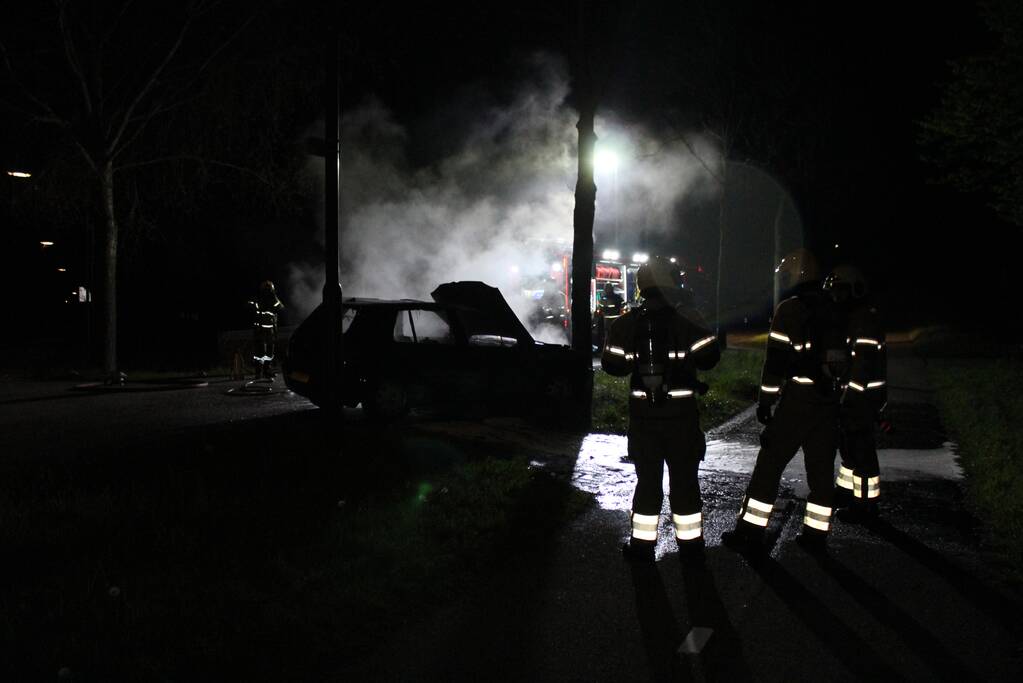 Auto verwoest door brand na botsing tegen boom