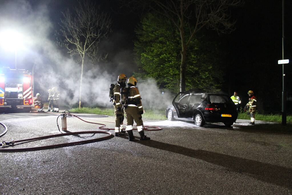 Auto verwoest door brand na botsing tegen boom