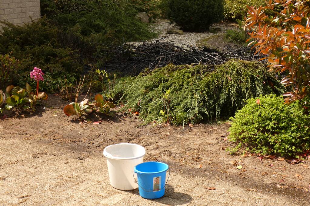 Bewoners blussen coniferenbrand met emmers en tuinslang