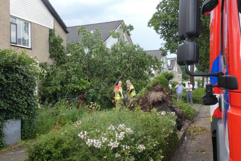 Boom waait om tegen woning en auto