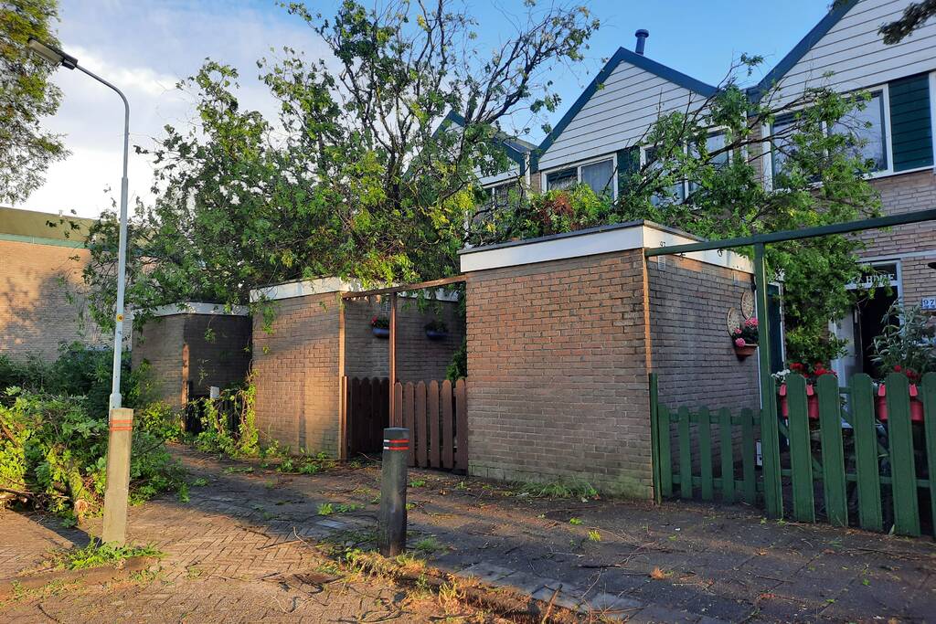 Boom valt op drie woningen door windvlaag