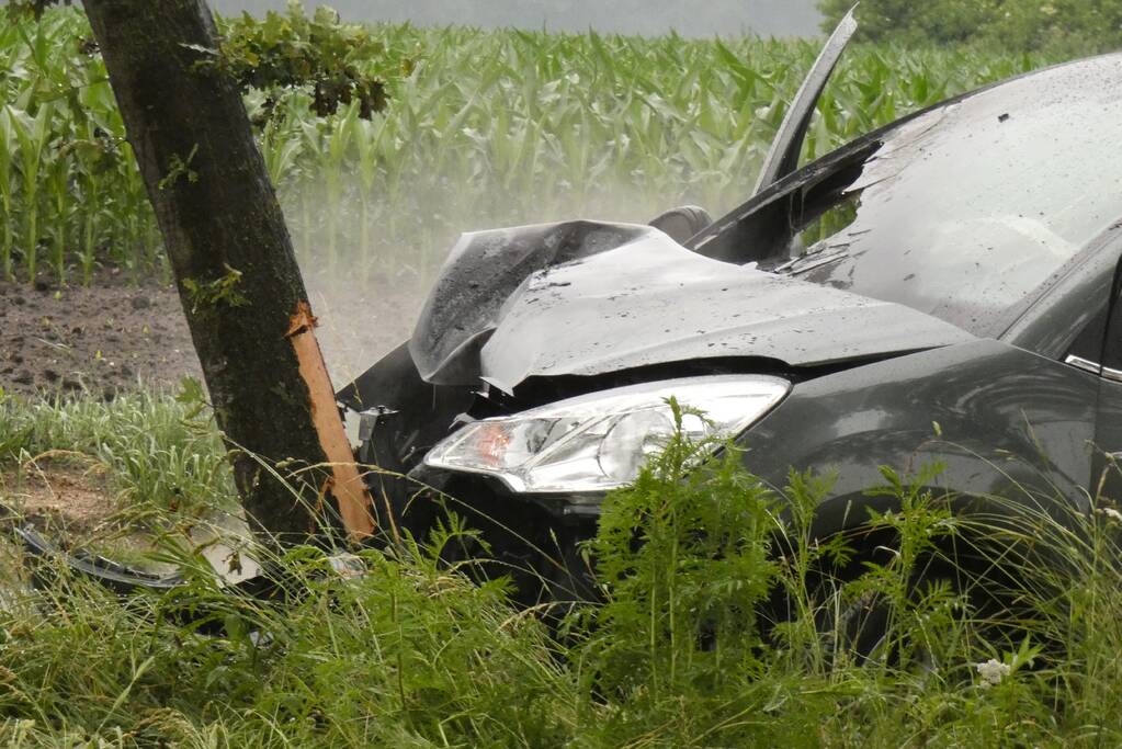 Auto vliegt in brand na botsing tegen boom