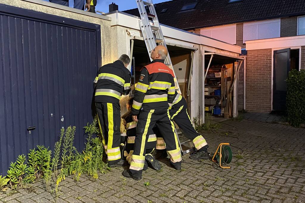 Kat vast tussen twee garageboxen