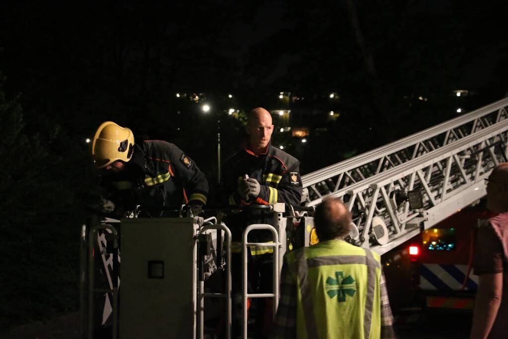 Duif met visdraad om poot gered uit boom