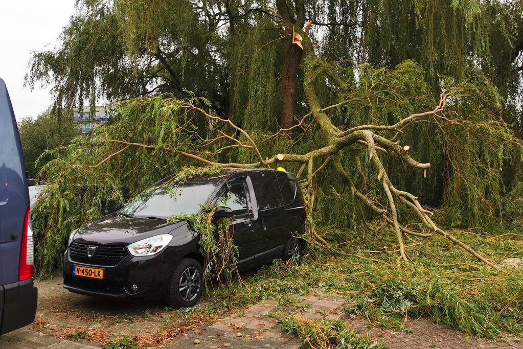 Tak breekt af en belandt op auto