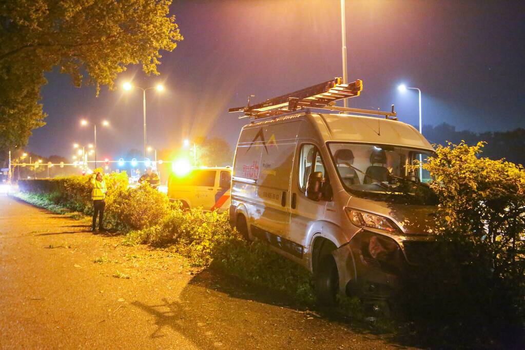 Bestelbus rijdt in struiken
