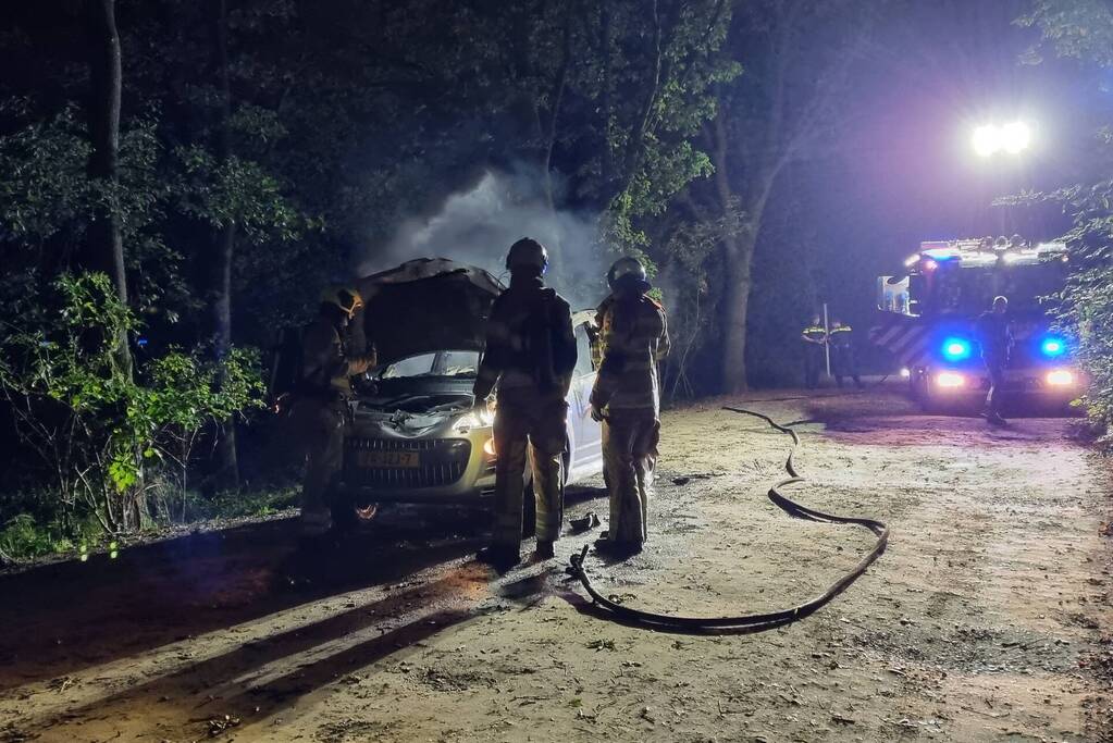 Auto verwoest door brand in bosgebied