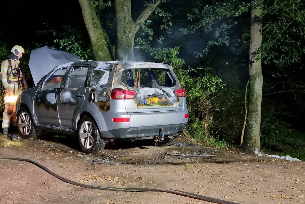 Auto verwoest door brand in bosgebied