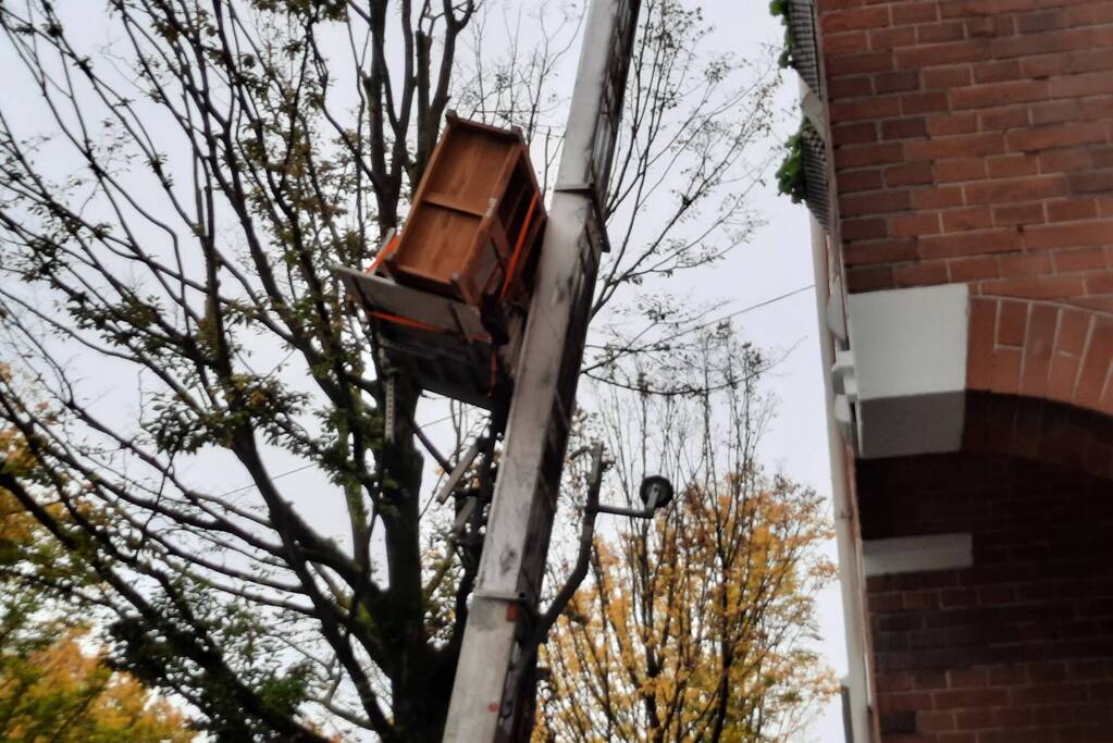 Verhuislift raakt vast in takken van boom