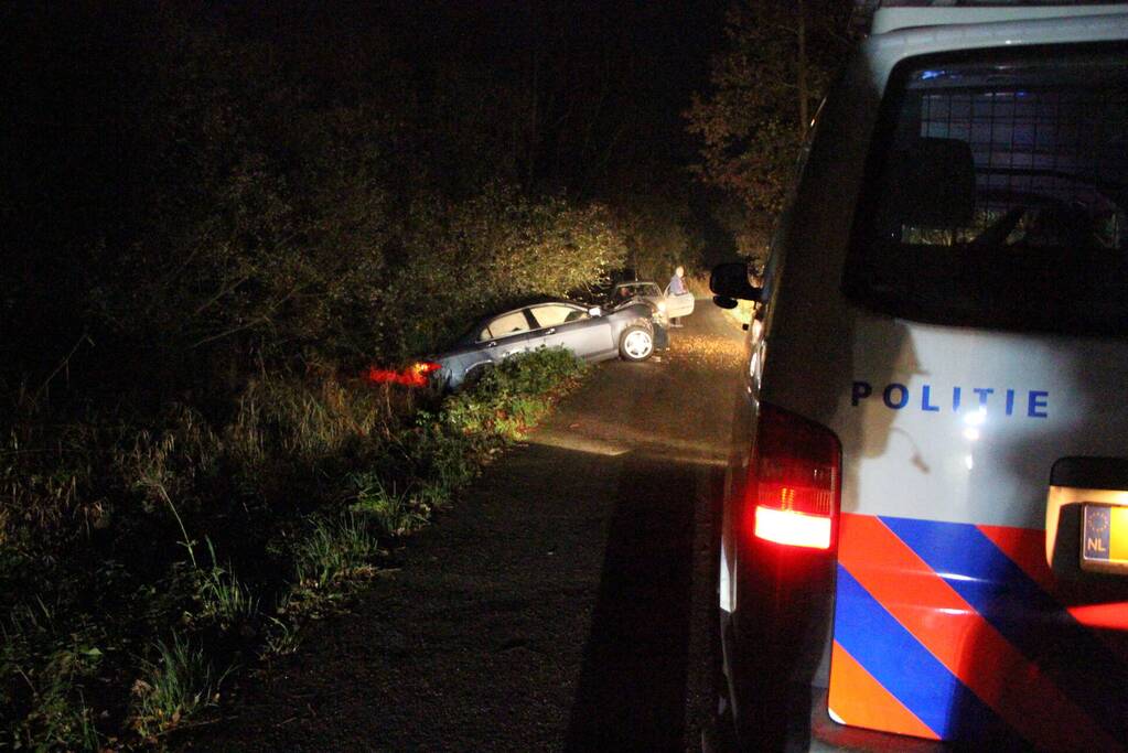 Auto in greppel na botsing met boom