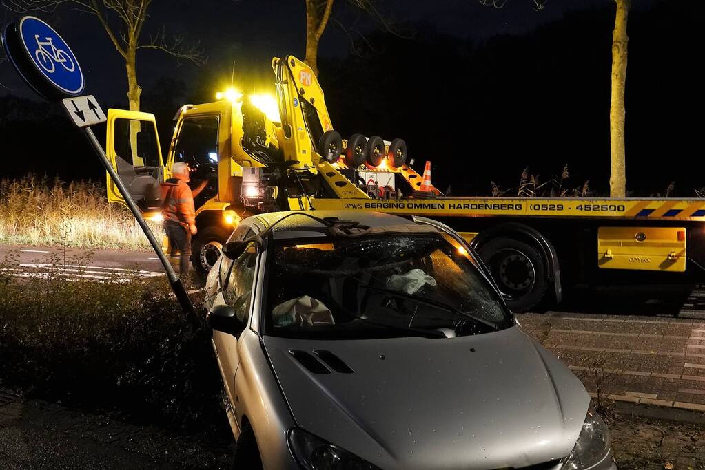 Automobilist trekt aan handrem en botst tegen verkeersbord