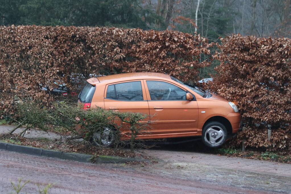Auto rijdt door bosschage na ongeval