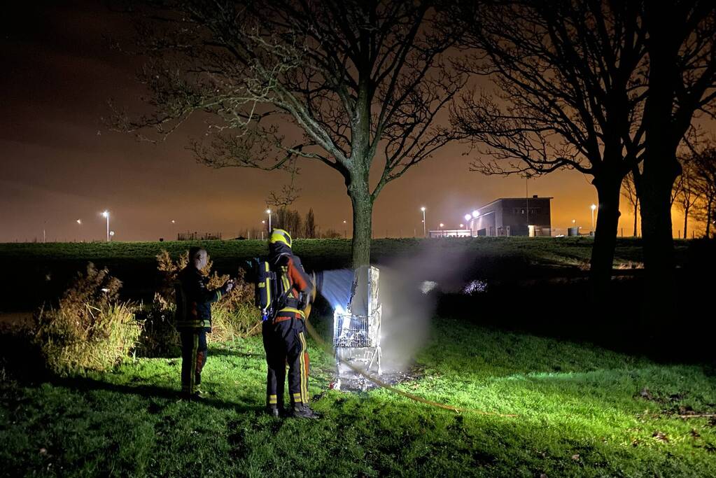 Winkelwagen met rommel in brand gevlogen