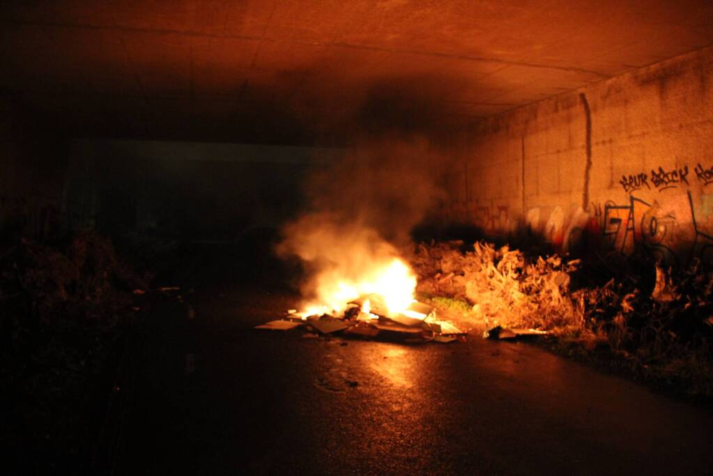 Stapel afval in brand onder brug over snelweg