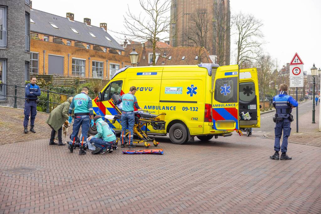 Fietsster slaat over de kop met aangelijnde hond, Westsingel in Amersfoort