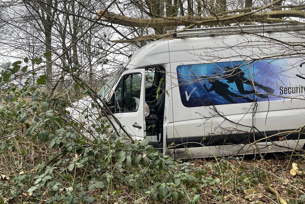 Bestuurder bestelbus raakt van de weg en belandt in bosschage