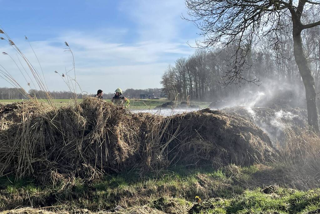Brand in berg met gemaaid riet