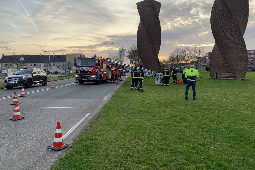 Brandweer redt gans uit kunstwerk