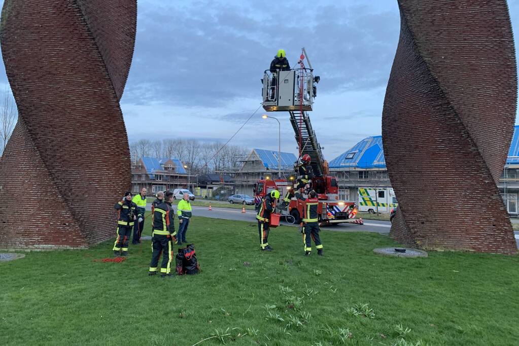 Brandweer redt gans uit kunstwerk
