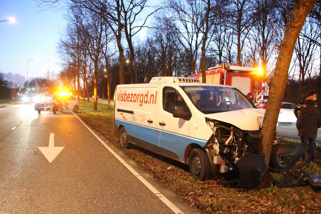 Bestelbus crasht tegen boom