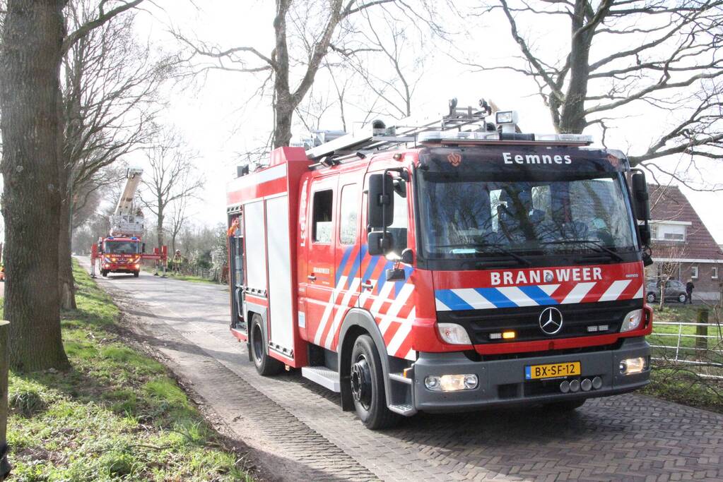 Brandweer zaagt gevaarlijk hangende tak uit boom
