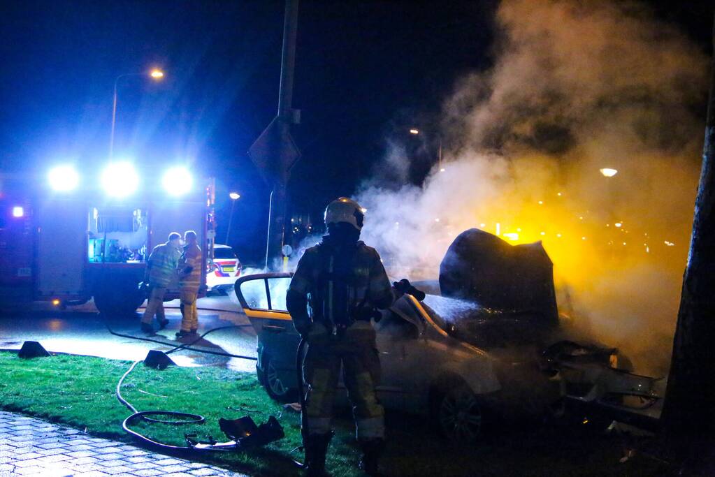 Auto vliegt in brand na botsing tegen boom