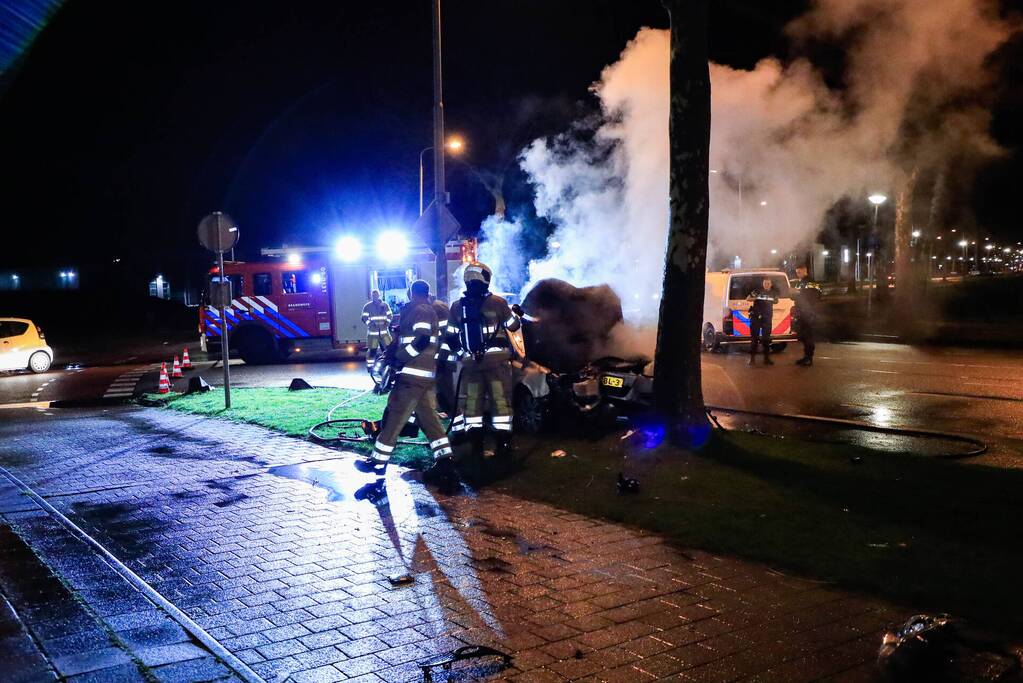 Auto vliegt in brand na botsing tegen boom