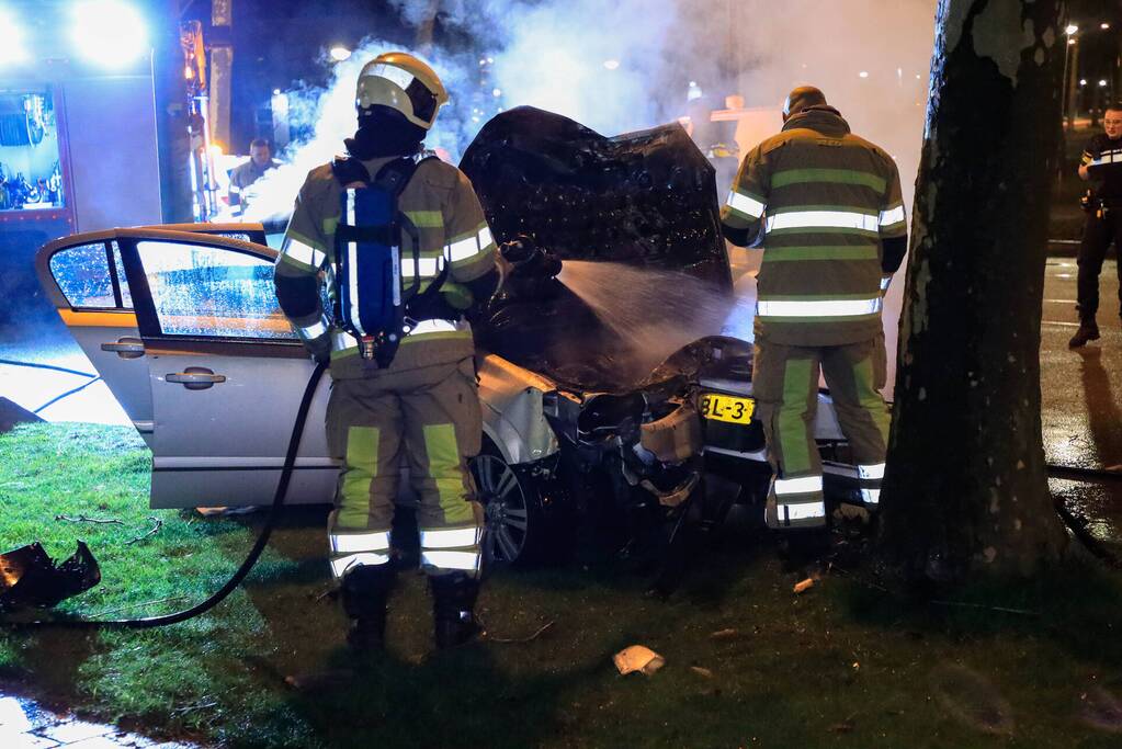 Auto vliegt in brand na botsing tegen boom