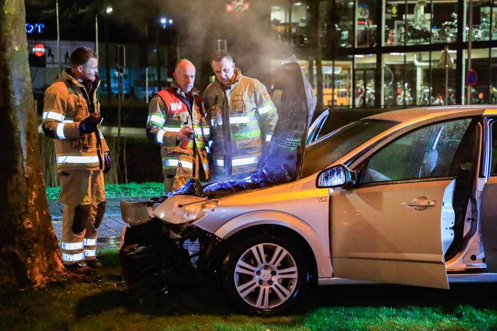 Auto vliegt in brand na botsing tegen boom