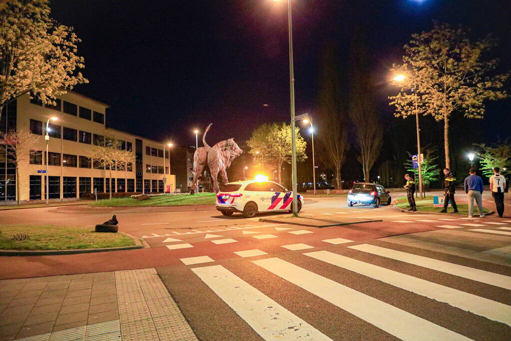 Automobilist verliest macht over het stuur op rotonde